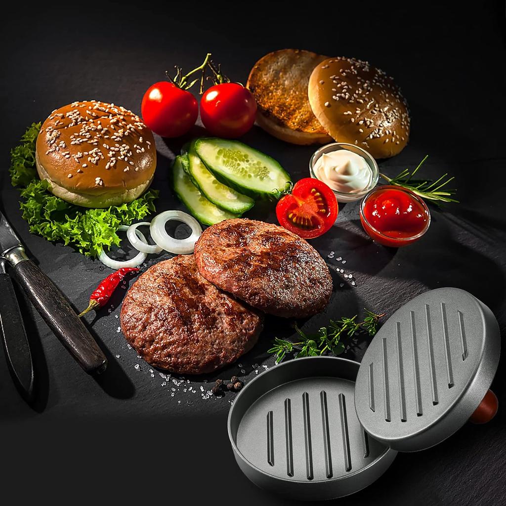 Burger Press Patty Maker Stainless Steel Hamburger Patty Press Mold Wood Handle Non-Stick with 100 Patty Papers