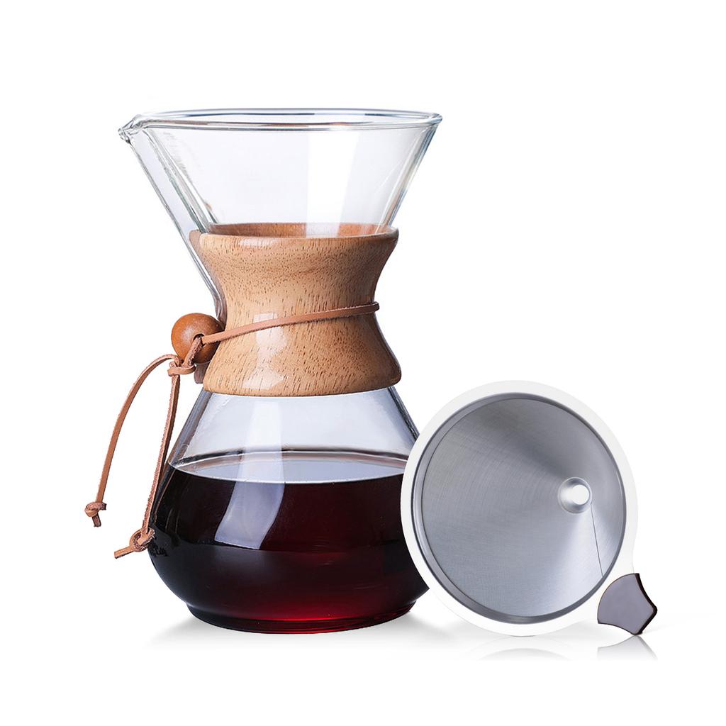 Pour Over Coffee Maker 27oz Paperless Glass Carafe with Stainless Steel Filter Reusable Glass