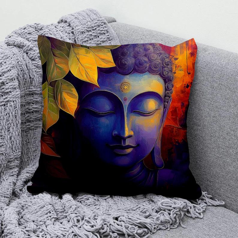 VIKAMA Buddha Statue Pillow Cover Watercolor Buddha Portrait Cushion Case For Yoga Studio Meditation Room Decor