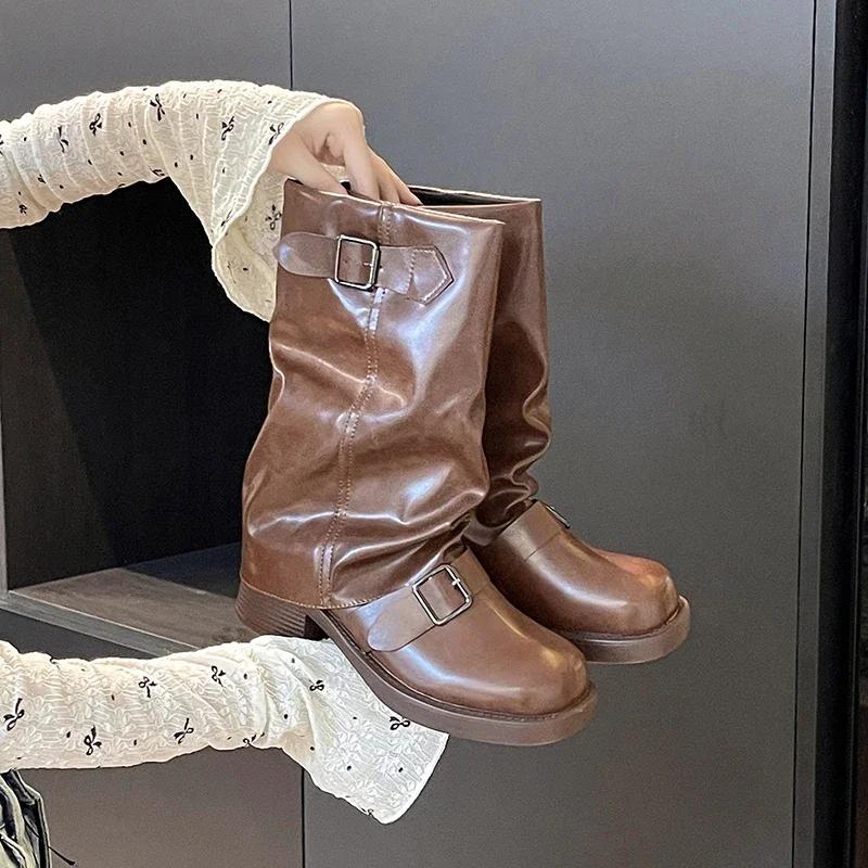 Women Western Cowgirl Booties Fashion Slip On Mid Calf Booties Retro Style Thick Heel Autumn Female Shoes