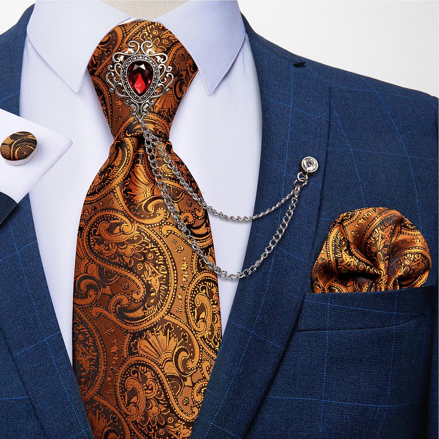 Paisley Tie for Men Necktie Silk Hanky Cufflink Set with Tie Ring Chain Brooch for Wedding Party