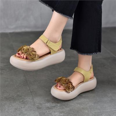 Винтажные сандалии ручной работы с цветком из натуральной кожи, для улицы, легкие, на толстой подошве, женские