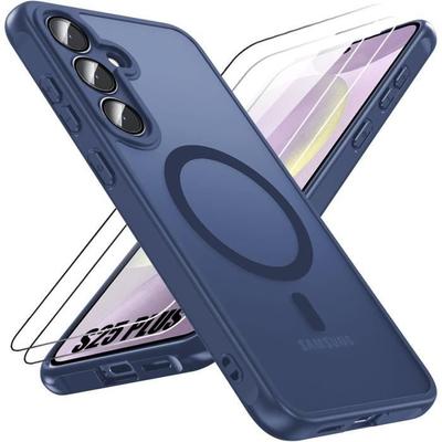 Чехол и 2 закаленных стекла для Samsung Galaxy S25 Plus (Galaxy S25+), с магнитным кольцом и защитным стеклом камеры - темно-синий