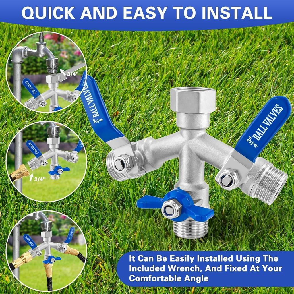 Heavy Duty 304 Stainless Steel Hose Splitter with Shut-off Valves,Full Flow Garden Water Hose Bib Spigot Splitter,3/4'' Thread Outdoor Faucet Splitter