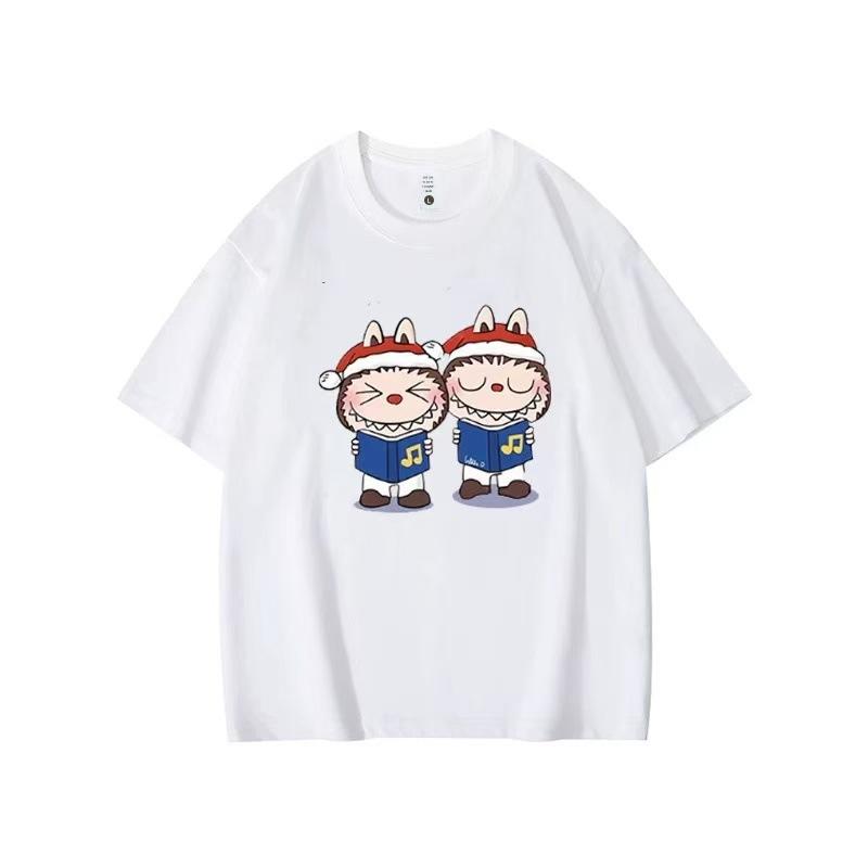 Летний топ с круглым вырезом и принтом с узором Лабубу, модная повседневная женская футболка с коротким рукавом из чистого хлопка