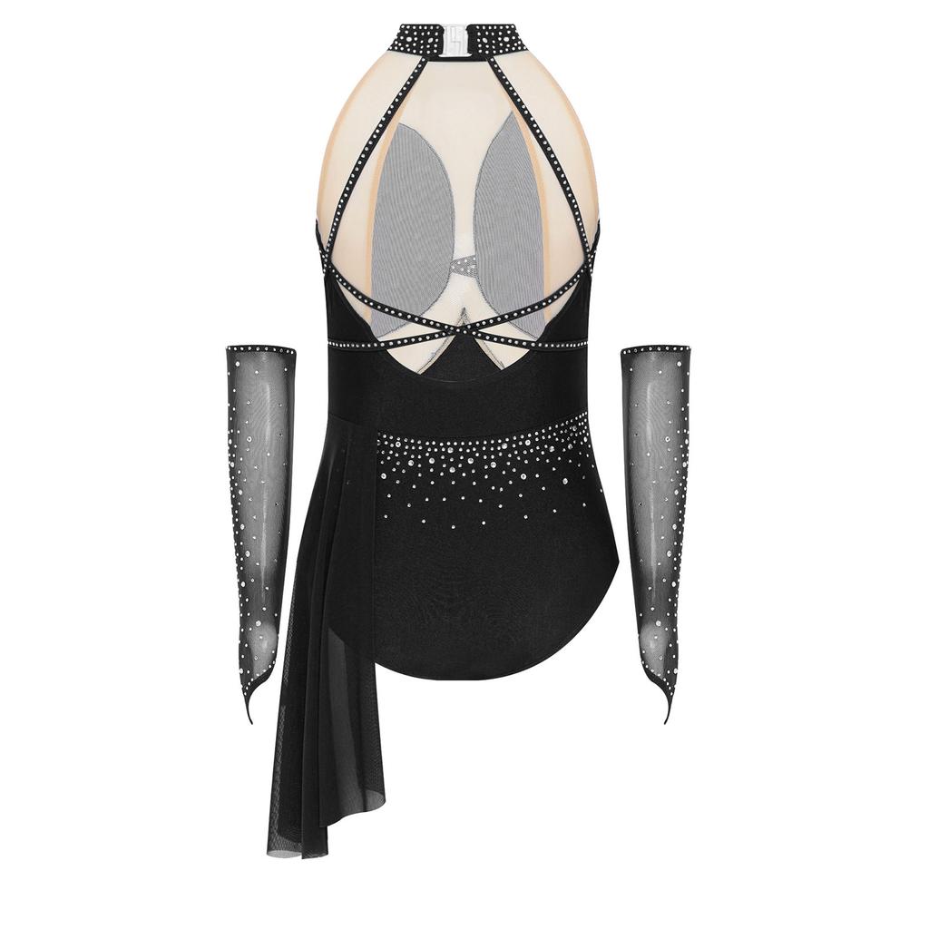 Костюм для фигурного катания для девочек с вырезом на спине, сверкающими стразами и асимметричной юбкой из прозрачной сетки