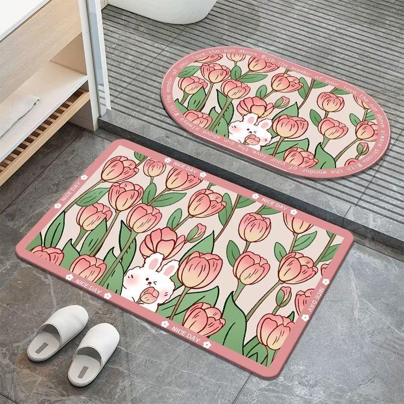 Sweet Flowers Diatom Mud Floor Mat Carpet Bathroom Moisture-wicking Mat Bathroom Quick Drying Mat Hand Washable Slip-resistant Door Mat