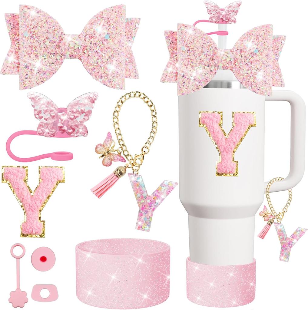 Набор из 8 предметов аксессуаров для стакана Stanley 30 унций 40 унций: топпер для соломинки, крышка-заглушка, чехол-ботинок, заглушка от проливания, подвеска-шарм, наклейка с инициалами