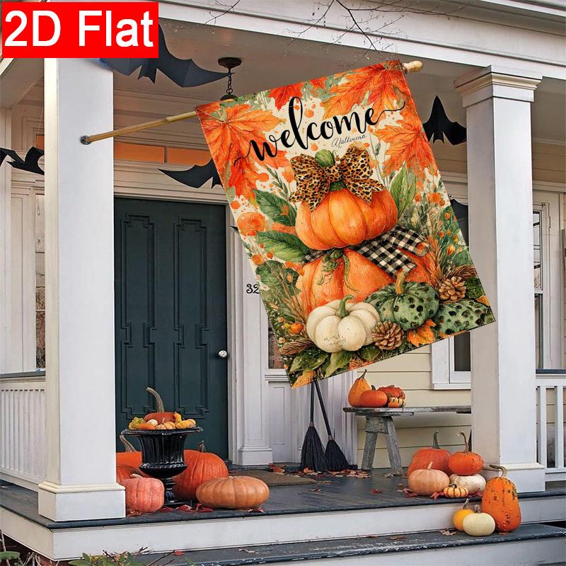 2D Flat, 2D Flat Welcome Autumn Pumpkin Thanksgiving Garden Flag_2-28x40 Inch Outdoor Garden Flag Double-sided Home Decoration Courtyard Decoration Ou