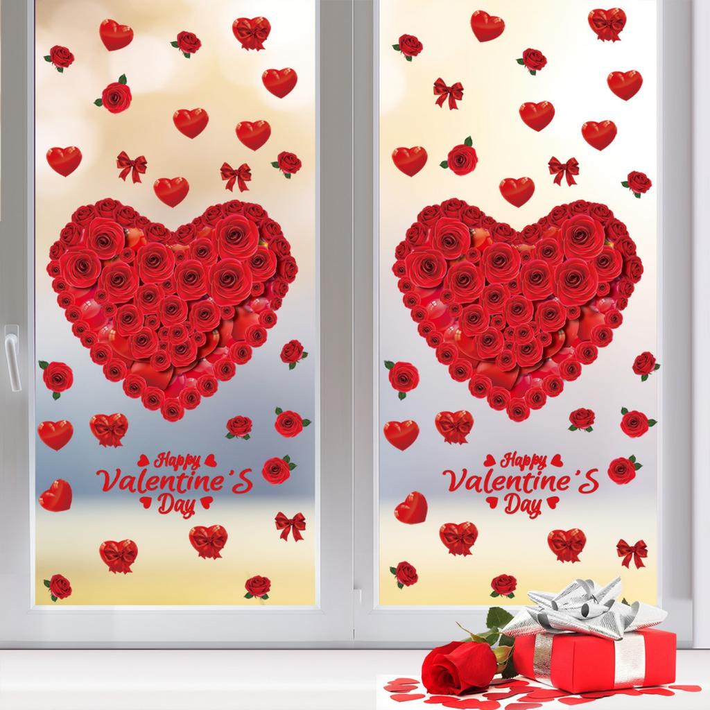 1 Sheet Happy Valentines Day Window Clings For Glass Window Red Rose Love Heart Window Clings Double Sided Visible Electrostatic Cling PVC Window
