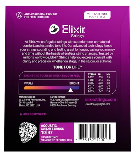 Струны для акустической гитары Elixir NANOWEB 80/20 Bronze Extra Light, .010-.047, #11002 [Официальный японский продукт]