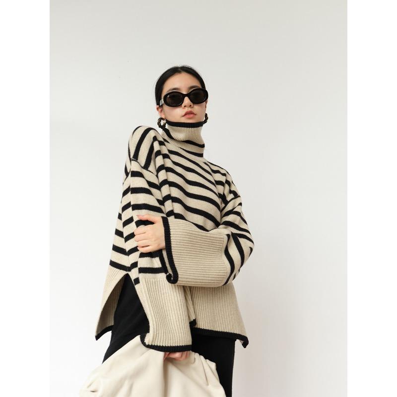 Черно-белый полосатый свитер Уличная одежда Женские топы Пуловер Женский джемпер с длинным рукавом Водолазка Трикотажные толстые джемперы в рубчик Свитера женская одежда