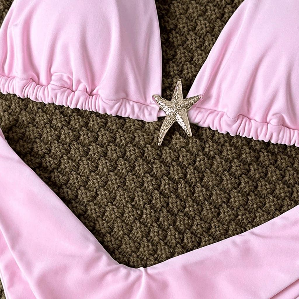 1011 European and American new solid color strap neck split swimsuit women's vacation style two-piece bikini swimsuit