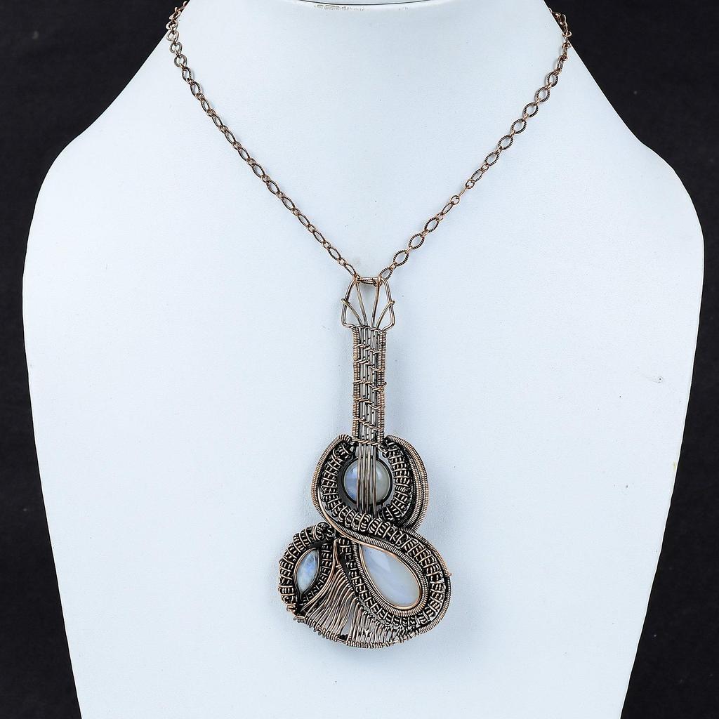 Rainbow Moonstone Pendant Copper Wire Wrapped Pendant Natural Gemstone Pendant Very Pretty Copper Jewelry Gift For Her Guitar Design Pendant