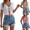 Women's Summer Tie Solid Color Skeleton Short Sleeve Knit Cardigan Vacation Exposed Sun Shirt