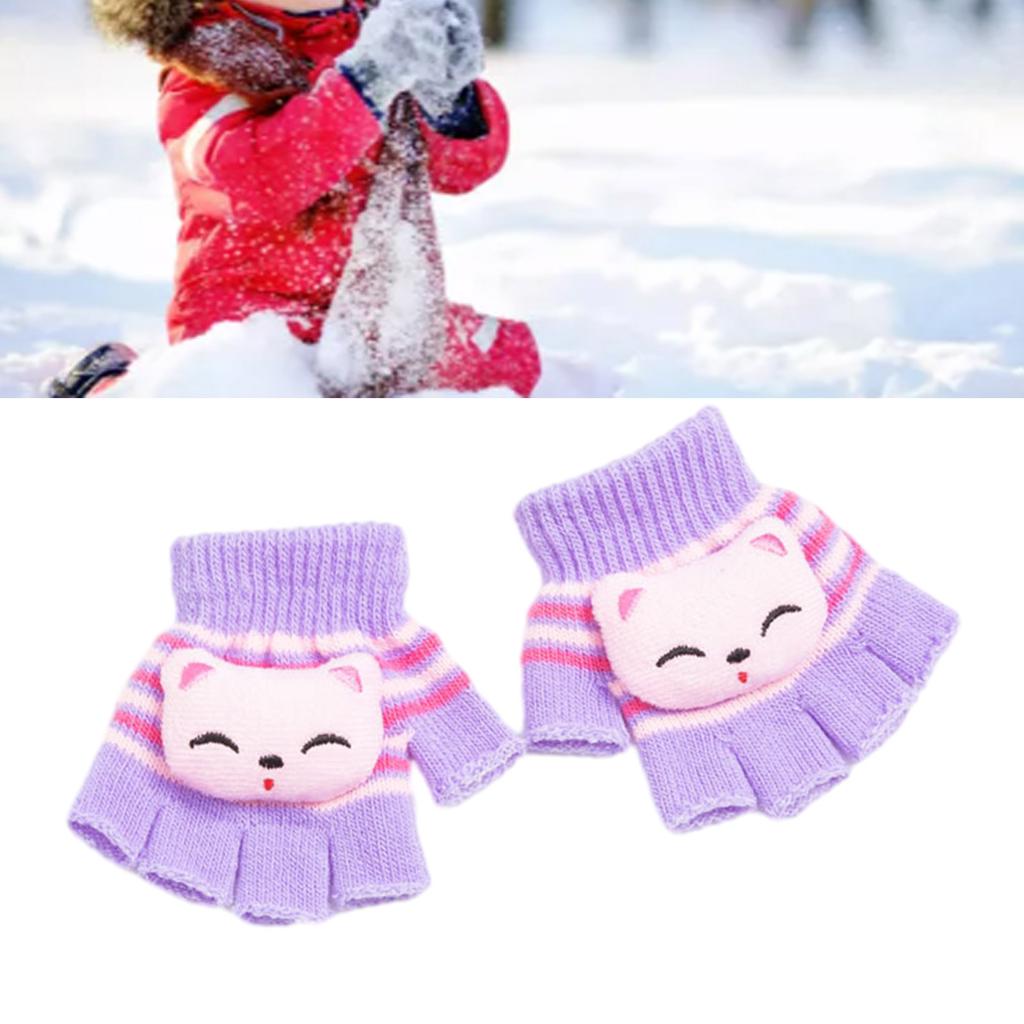 Toddler Half Finger Gloves Cartoon Warm Gloves Knitted Mittens Winter Thick Gloves Indoor Gloves for Little Girls Boy
