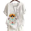 Women's Cotton Relaxation Top with 7 Artistic Print Patterns, Round Neck, Short Sleeves, Button Embellishments