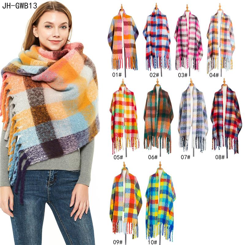Осенне-зимний толстый клетчатый шарф с кисточками, женская шаль