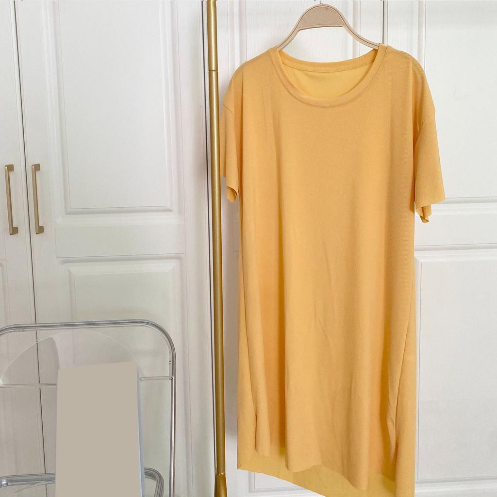 Однотонная домашняя ночная сорочка из ледяного шелка свободного кроя с круглым вырезом для весны и лета