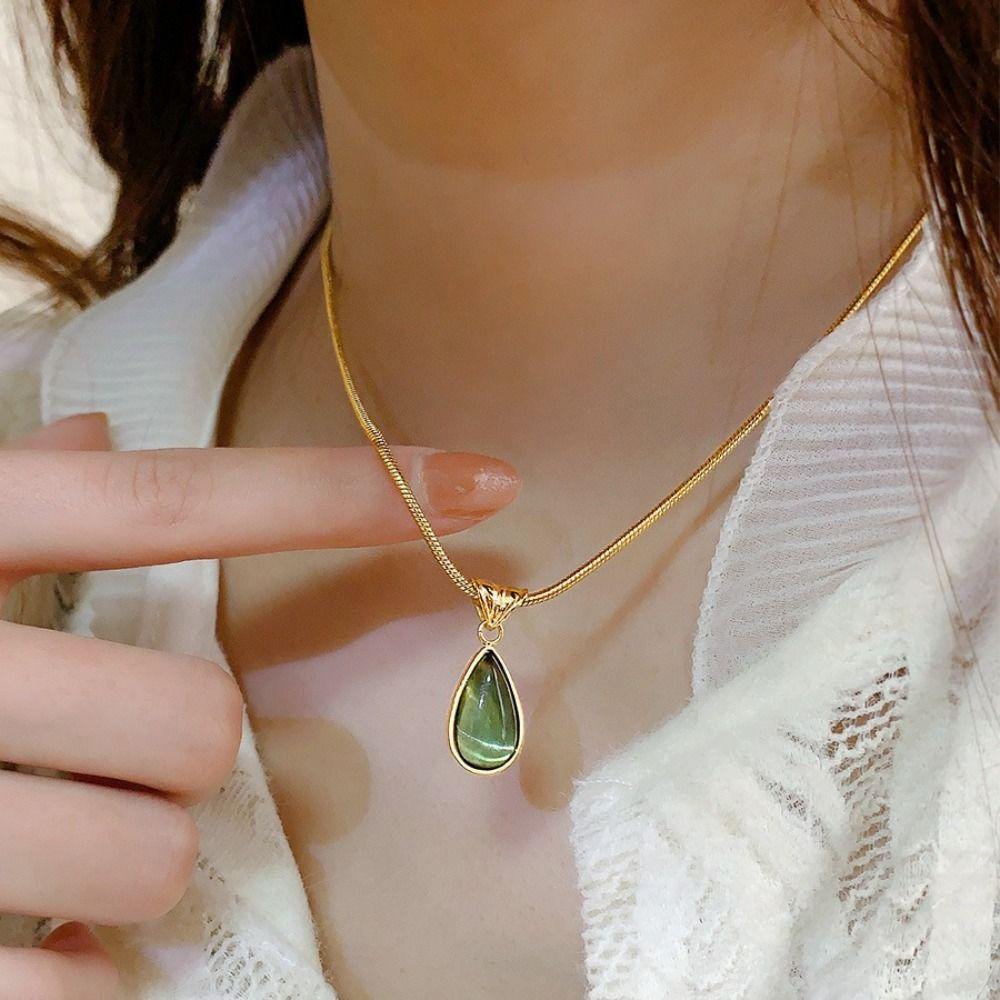 Olive-green Water Drop Neck Chain Colorfast Snake Bone Chain Necklace Drop Pendant Necklace Unisex