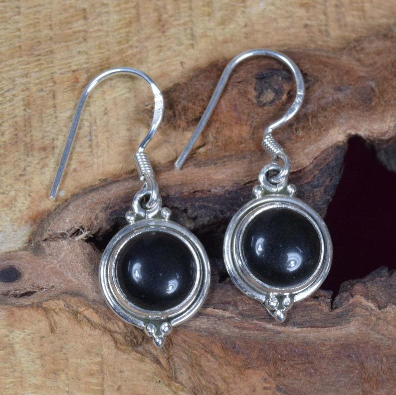 Solid 925 Sterling Silver Black Onyx Round gemstone Drop Earrings Women Gift Earrings