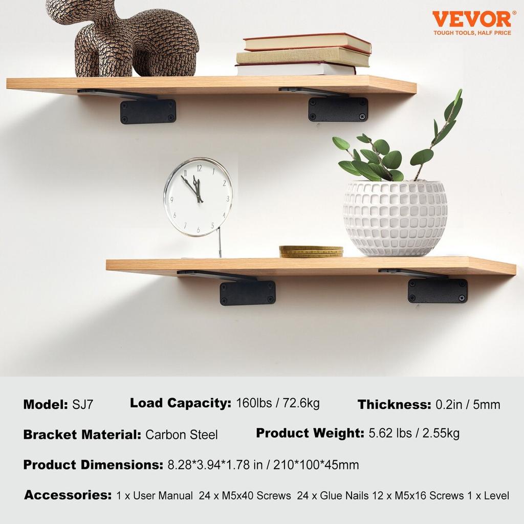 Shelf Bracket, 8”L x 4”W x 1.6”H 6 Pcs, Heavy Duty Floating Shelf Brackets, Brackets for Shelves, 5mm Thick Matte Black L Shelf Bracket,Steel Shelving