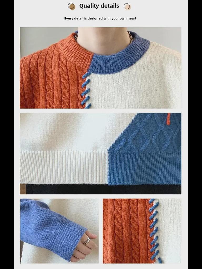 Men's Trendy Knitted Contrast Color Round Neck Sweater - Autumn/Winter Loose Fit, Lazy Style, Perfect for Couples