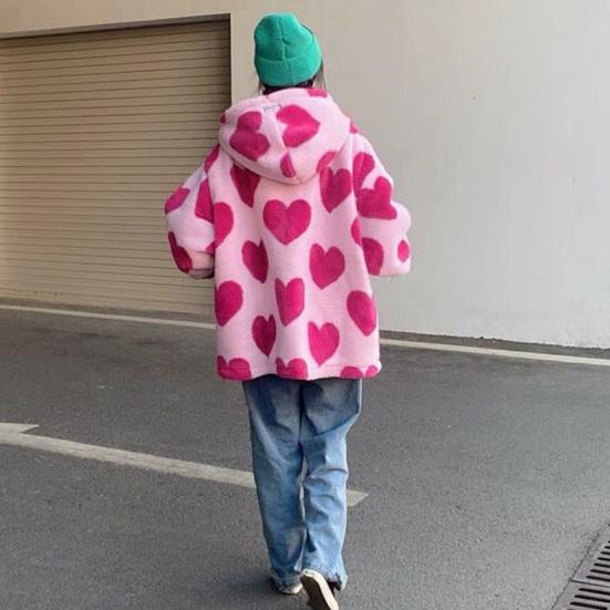 Женская флисовая куртка с капюшоном, толстовка с длинными планками и плюшевыми рукавами и карманами на молнии, верхняя одежда с принтом сердца и медведя