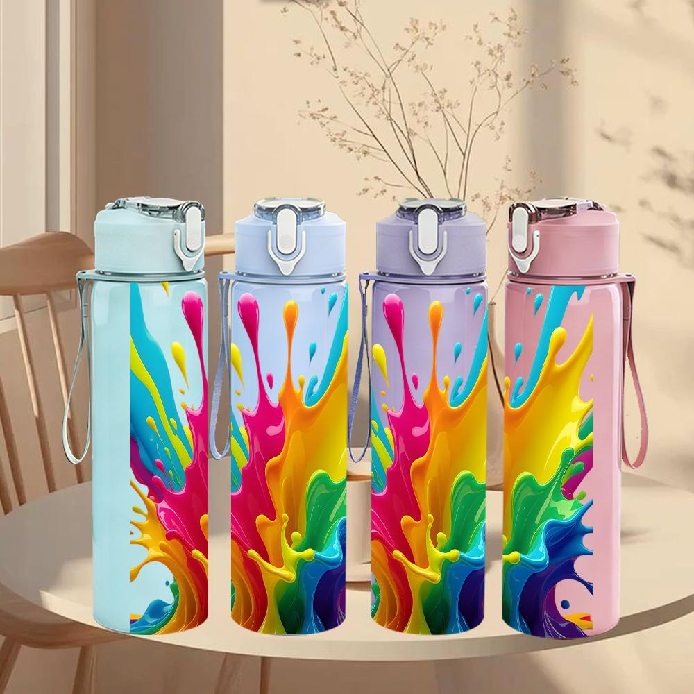 1PC Multicolor Rainbow Ink Splash 750ml Color Plastic Water Bottle Leakproof Flip Straw Lid For Sports Office Home Use