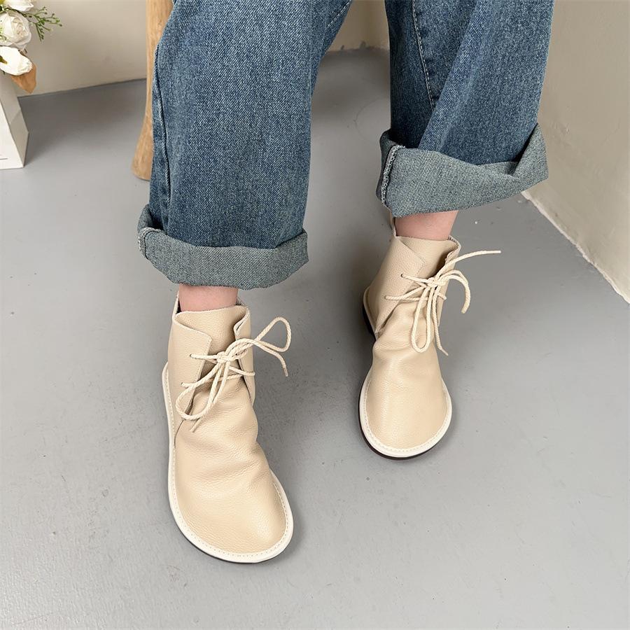 Johnature Женские короткие сапоги из натуральной кожи в стиле ретро, мягкие туфли на шнуровке из воловьей кожи, однотонные ботинки с круглым носком