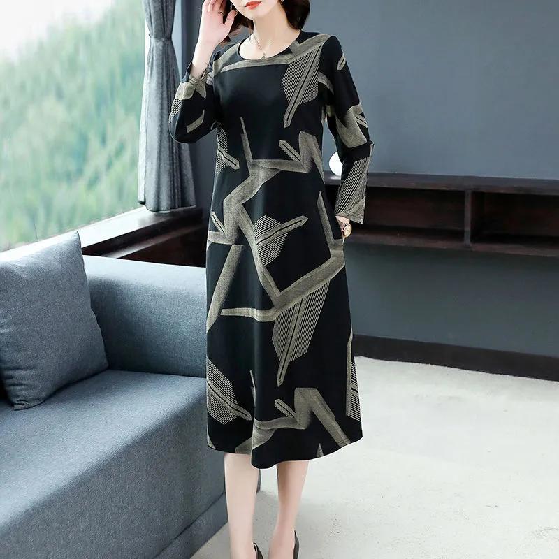 Платье большого размера с длинными рукавами, женское весенне-осеннее платье средней длины выше колена, юбка с круглым вырезом и принтом