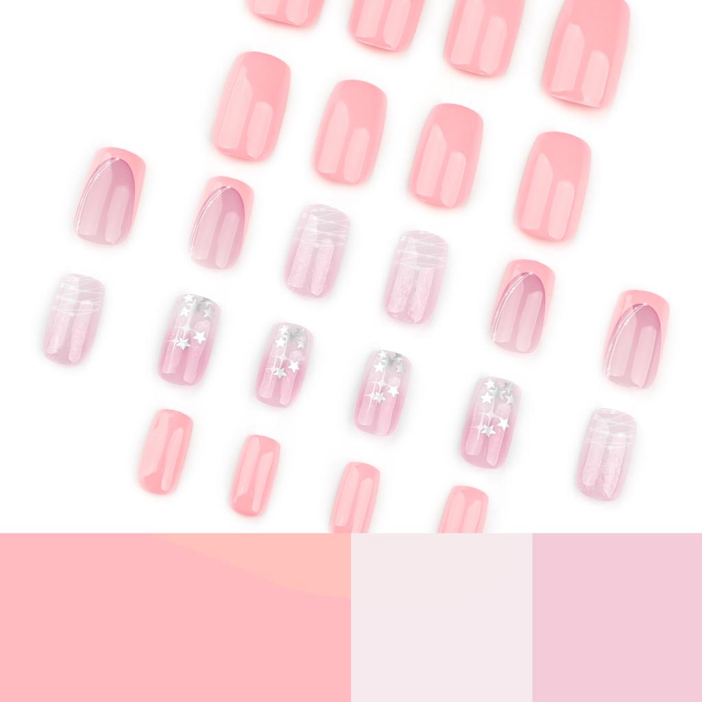 24 Pieces Pink Manicure French Gradual Change Wearing Nail Star Wearing Nail Piece Line Fake Nail Square Nail Piece