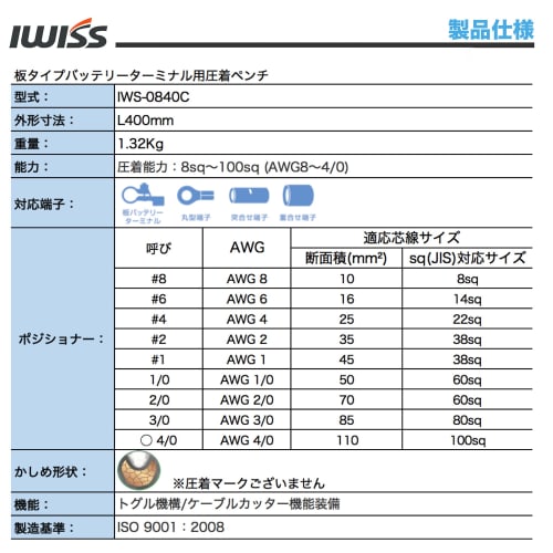 IWISS IWS-0840C Plate-Type Battery Terminal Crimping Pliers with Cutting Blades, Compatible with 8-100sq.