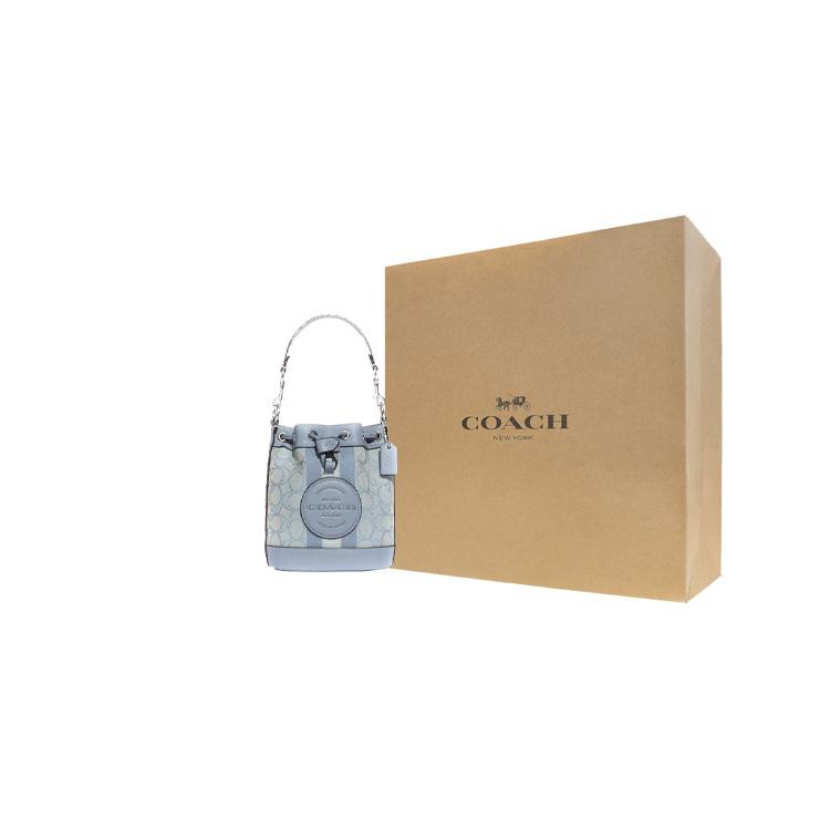Новая сумка-ведро COACH Dempsey из ткани и кожи с лоскутным узором, на плечо, кроссбоди, маленького размера, женская, лазурно-голубая C8322-SVS9X