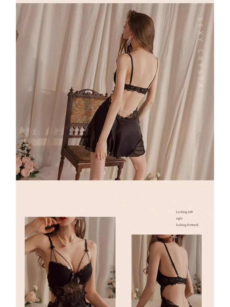 Exquisite Ice Silk Lace Nightgown - Enhances Bust with Pads, Elegant Spaghetti Straps, Perfect for Date Nights