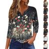 Women's Fashion Casual Flowers Print V-Neck Decorative Button Three-quarter Sleeve T-Shirt Top