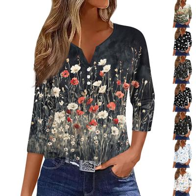 Женская модная повседневная футболка с цветочным принтом, V-образным вырезом, декоративными пуговицами и рукавом три четверти