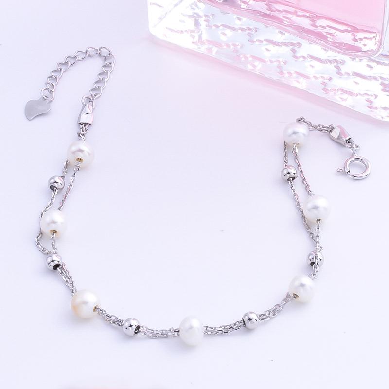 Pekurr Double Chain 925 Sterling Silver 4 .5mm Round Natural Freshwater Pearl Wrist Bracelet For Women 7 Beads Jewelry Bangles