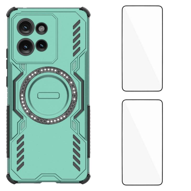 For Motorola Edge 50 5G Magnetic Case WANLONFENG DJ Series PC TPU Phone Cover with 2Pcs Tempered Glass Film