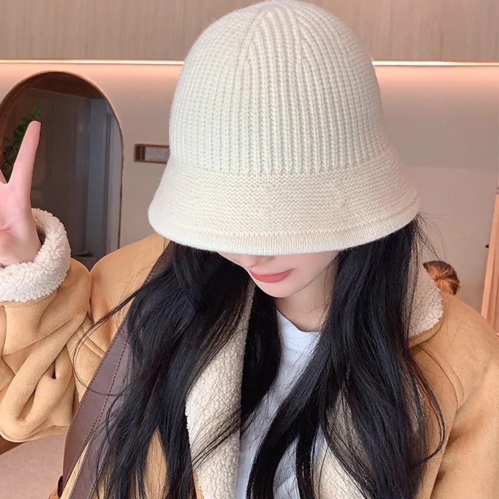Knitted Fishing Cap Autumn Winter Fleece Round Top Hat Fashion Bucket Hat  Outdoor