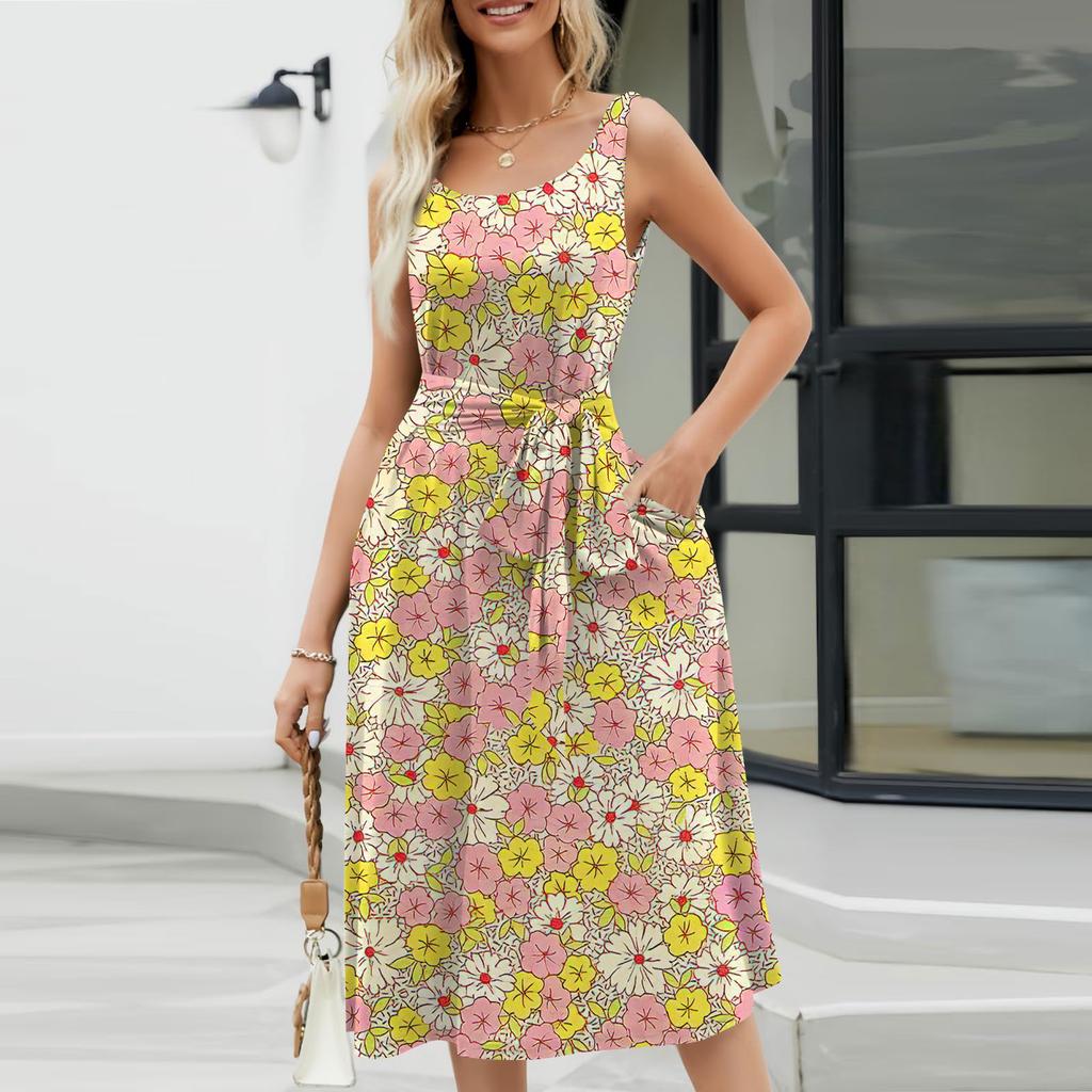 Женское летнее пляжное свободное платье трапециевидной формы средней длины с круглым вырезом и без рукавов, платье-жилет с карманом на шнуровке и цветочным принтом