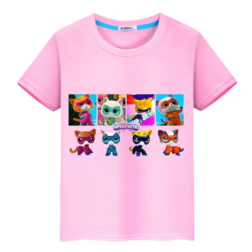 Super Kitties Boys Clothes Summer 100%Cotton T Shirt Y2k One Piece Casual Anime Tees Kawaii Short Print Tops Kids Clothes Girls