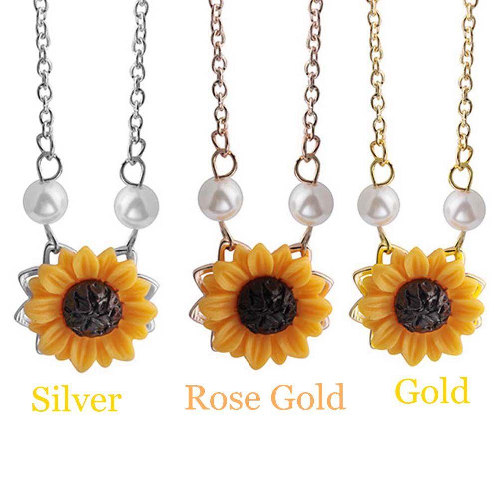Women Romantic Jewelry Gold Plated Sunflower Necklace Chain Pearls Flower Pendant