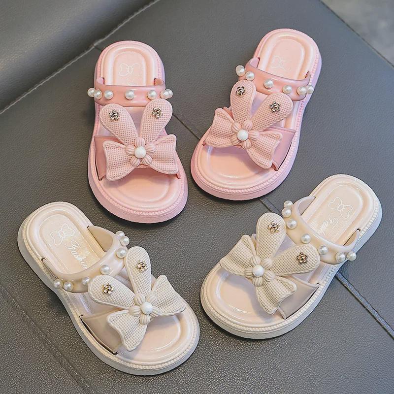 Детские летние тапочки с героями мультфильмов: Милая, нескользящая, мягкая подошва с бантом и жемчужной отделкой в стиле принцессы