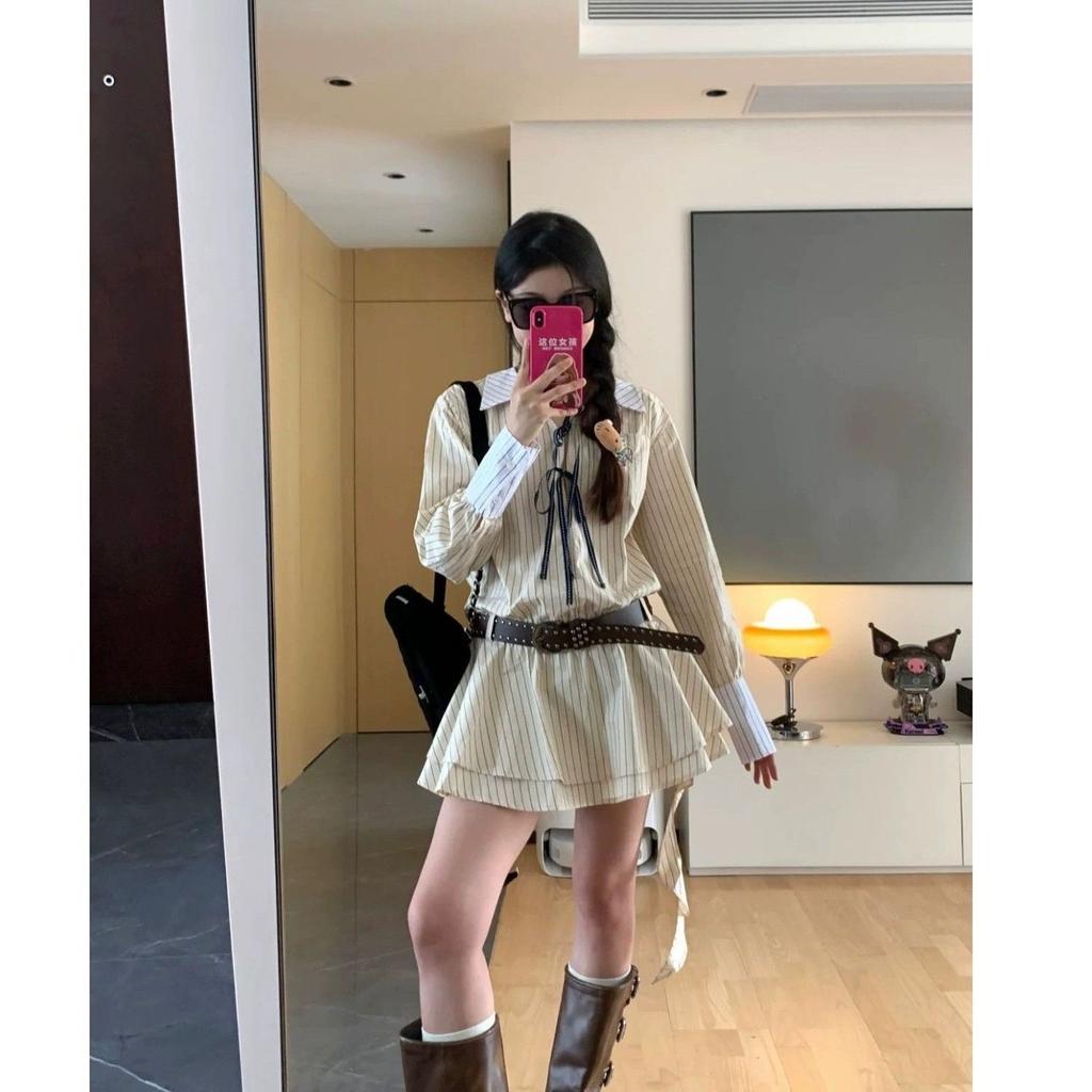 French striped v-neck long-sleeved dress women's autumn and winter small design sense niche vacation style short skirt skirt