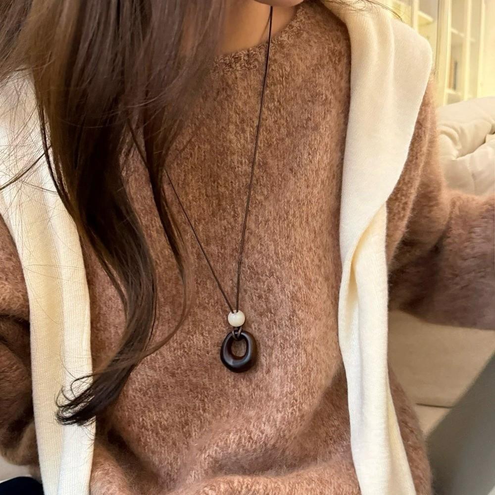 Leather Rope Geometric Pendant Necklace Adjustable Length Sweater Chain Women
