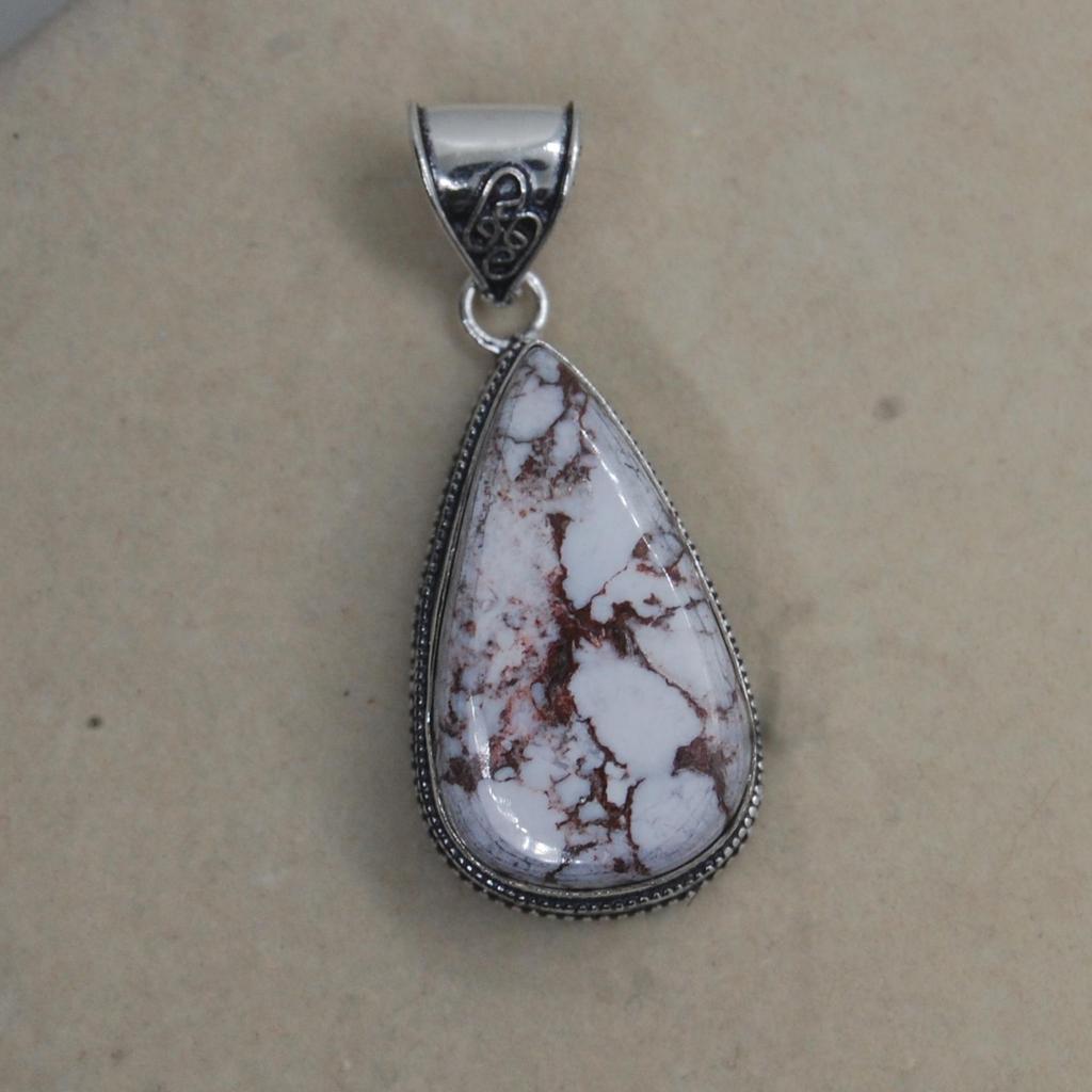 Pear Cab White Brown Wild Horse Magnesite Jasper 925 Sterling Silver Pendant Jewelry, Boho Style Designer Pendant Jewelry