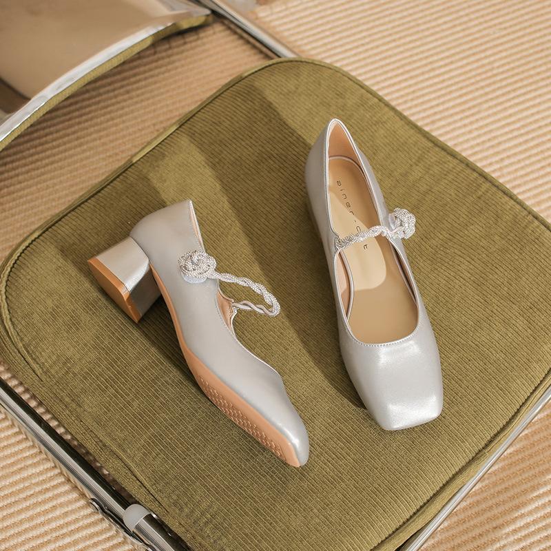 57708 [sheepskin] High Heels Women's Thick Heel New Rhinestone Word with Mary Jane Shoes Square Head Shallow Mouth Single Shoes