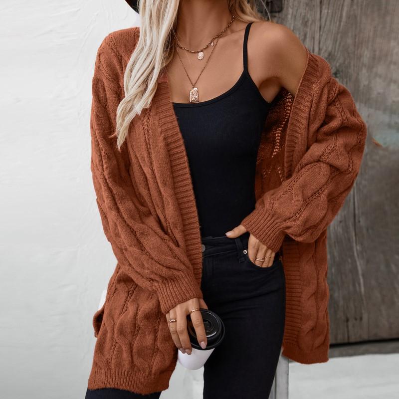 Осень и зима Новая мода Повседневный жареный тесто переплетения узел вязаный кардиган женский винтажный свободный свитер средней длины пальто