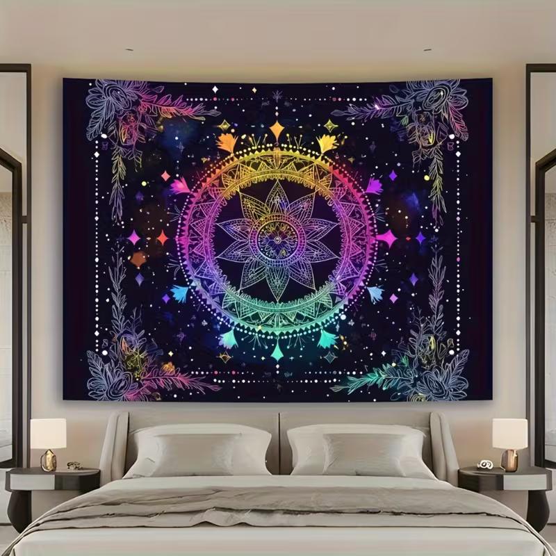 2D UV Glow Mandala Tapestry, Rainbow Boho Floral Wall Hanging for Party